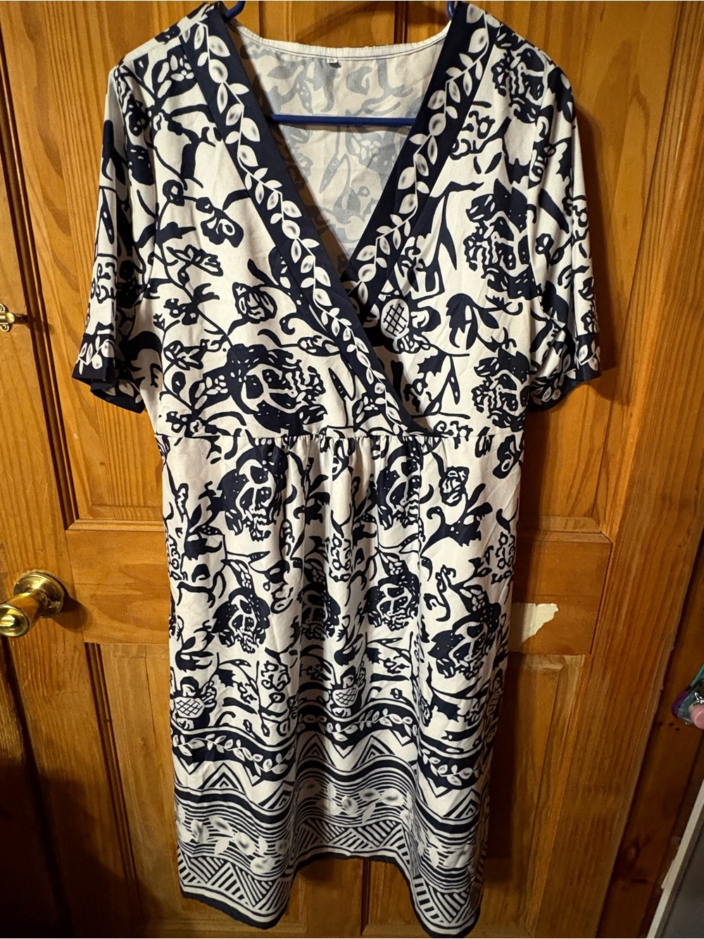 Navy and White Floral Wrap-Style Women's Dress